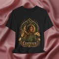 Black t-shirt with Capricorn zodiac design on a pink fabric background