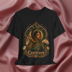 Black t-shirt with Capricorn zodiac design on a pink fabric background