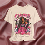 Soft cream T-shirt with Cancer zodiac design featuring a woman on a pink fabric background