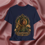 Navy blue t-shirt with Capricorn design on a pink fabric background