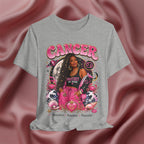 Gray t-shirt with Cancer zodiac design featuring a woman on a pink fabric background