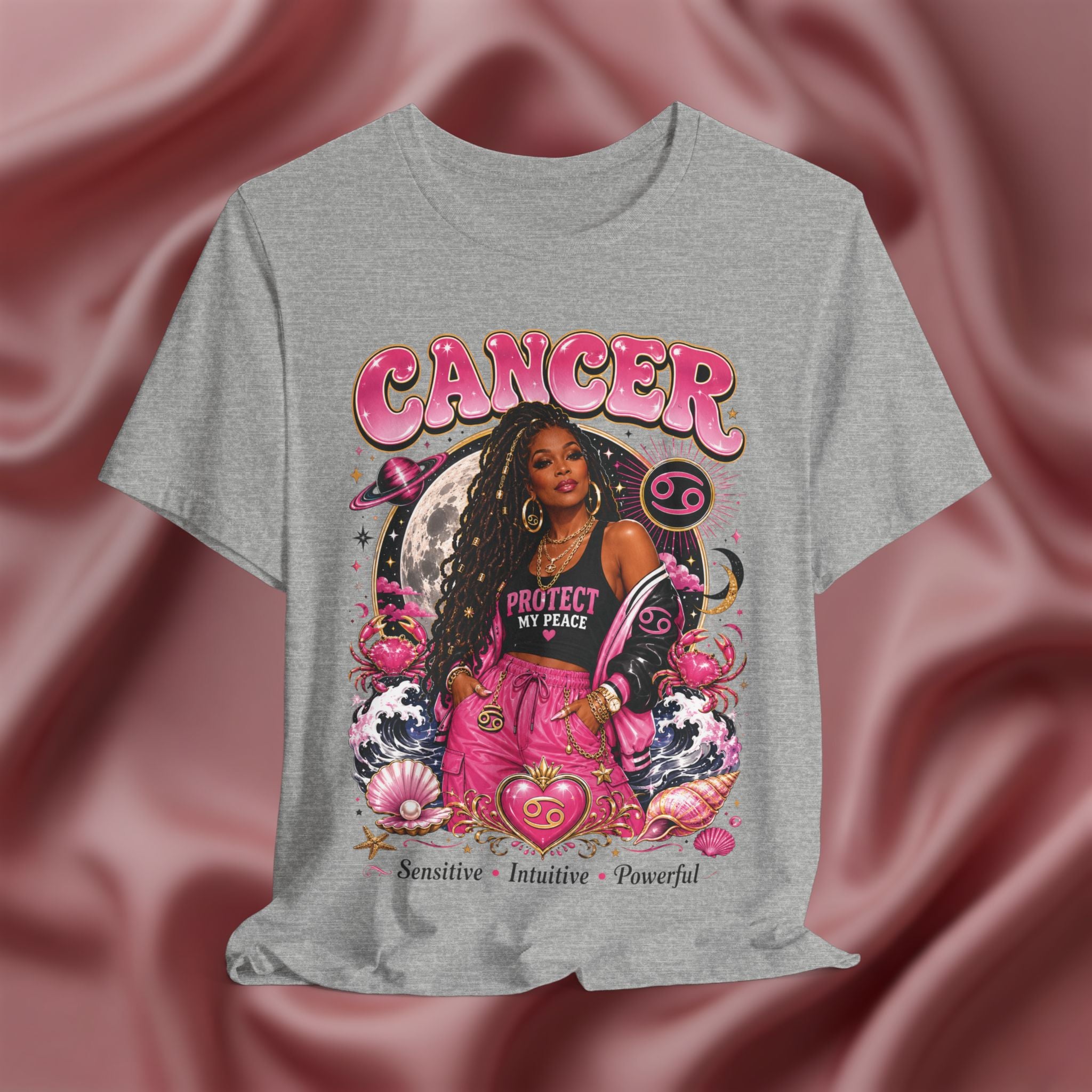 Gray t-shirt with Cancer zodiac design featuring a woman on a pink fabric background