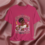 Pink t-shirt with 'Aquarius Too Weird To Care' design featuring a black woman wearing a t-shirt with the text 'different is my superpower' on a pink fabric background