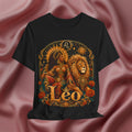 Black t-shirt with Leo zodiac design on a pink fabric background
