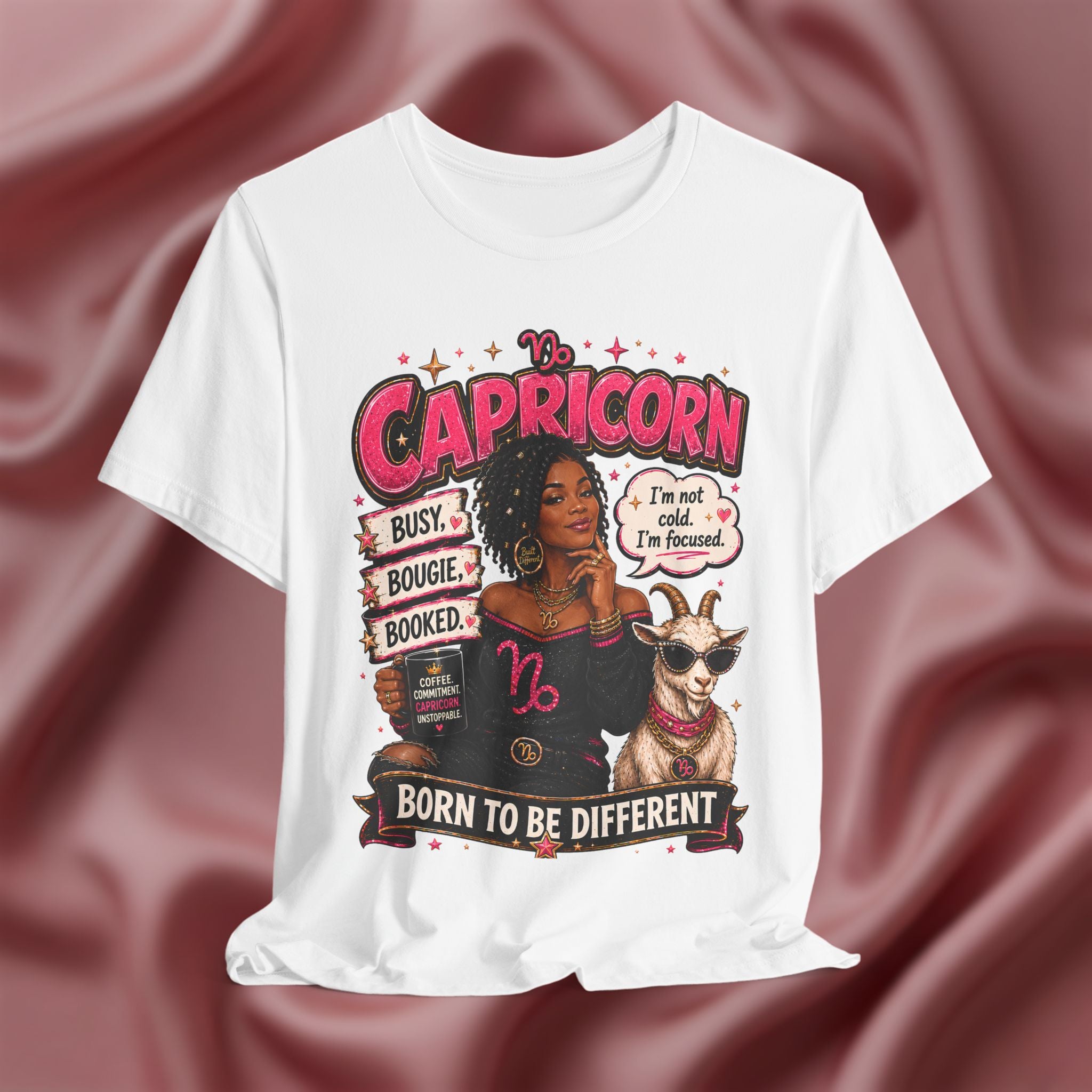 White t-shirt with Capricorn-themed design featuring a woman and goat on a maroon fabric background.
