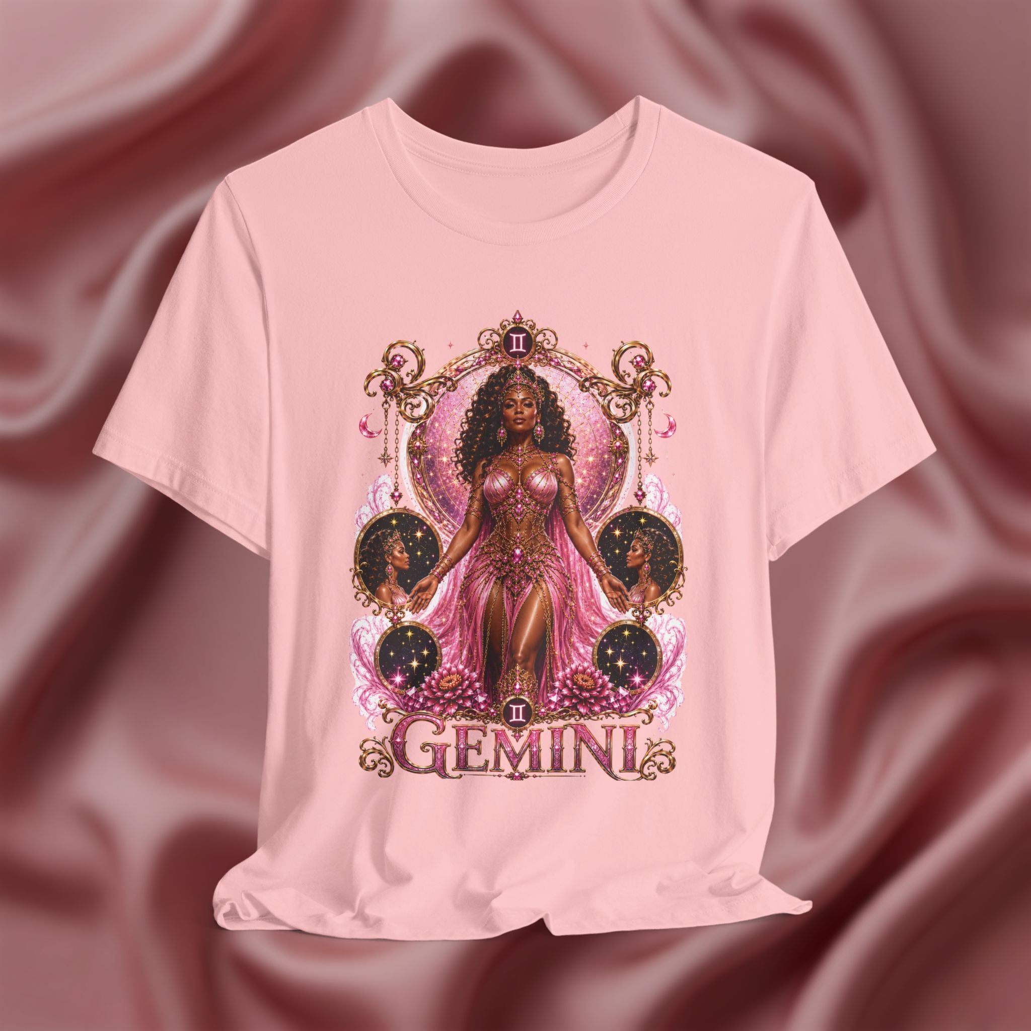 Pink  t-shirt Black t-shirt with 'Gemini' design featuring a woman in a pink dress on a pink fabric background