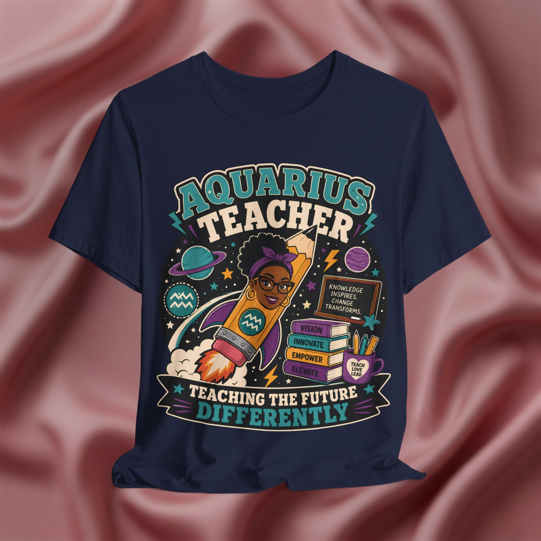 Navy blue t-shirt with 'Aquarius Teacher Teaching the Future Differently' design