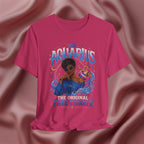 Pink t-shirt with Aquarius design featuring a black woman and text 'The original free thinker' on a pink fabric background