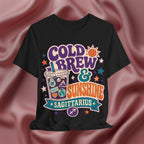 Black t-shirt with 'Cold Brew & Sunshine Sagittarius' design