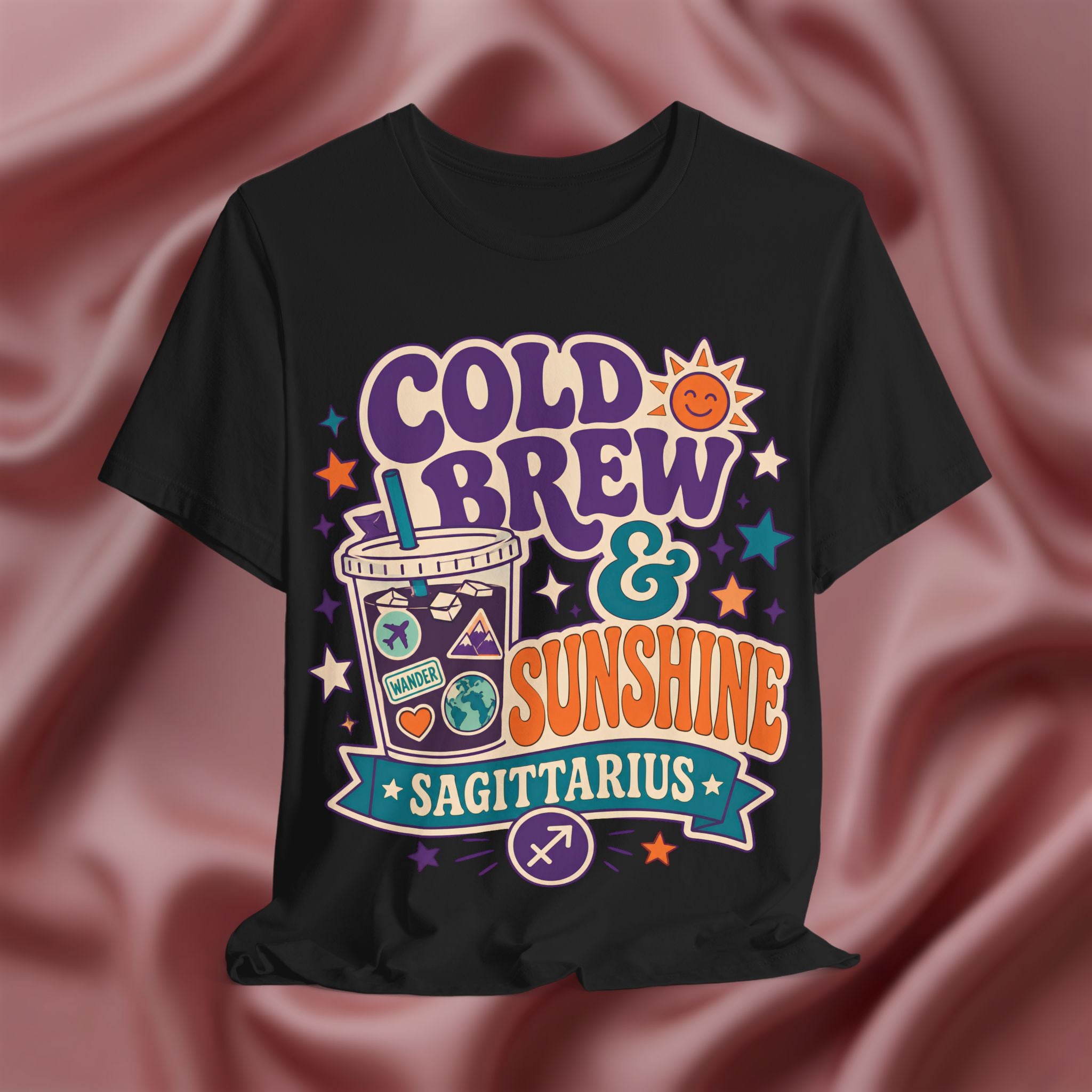Black t-shirt with 'Cold Brew & Sunshine Sagittarius' design