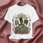 White t-shirt with Virgo zodiac design on a maroon fabric background