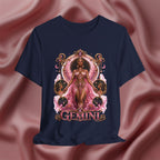 Navy blue t-shirt with 'Gemini' design featuring a woman in a pink dress on a pink fabric background
