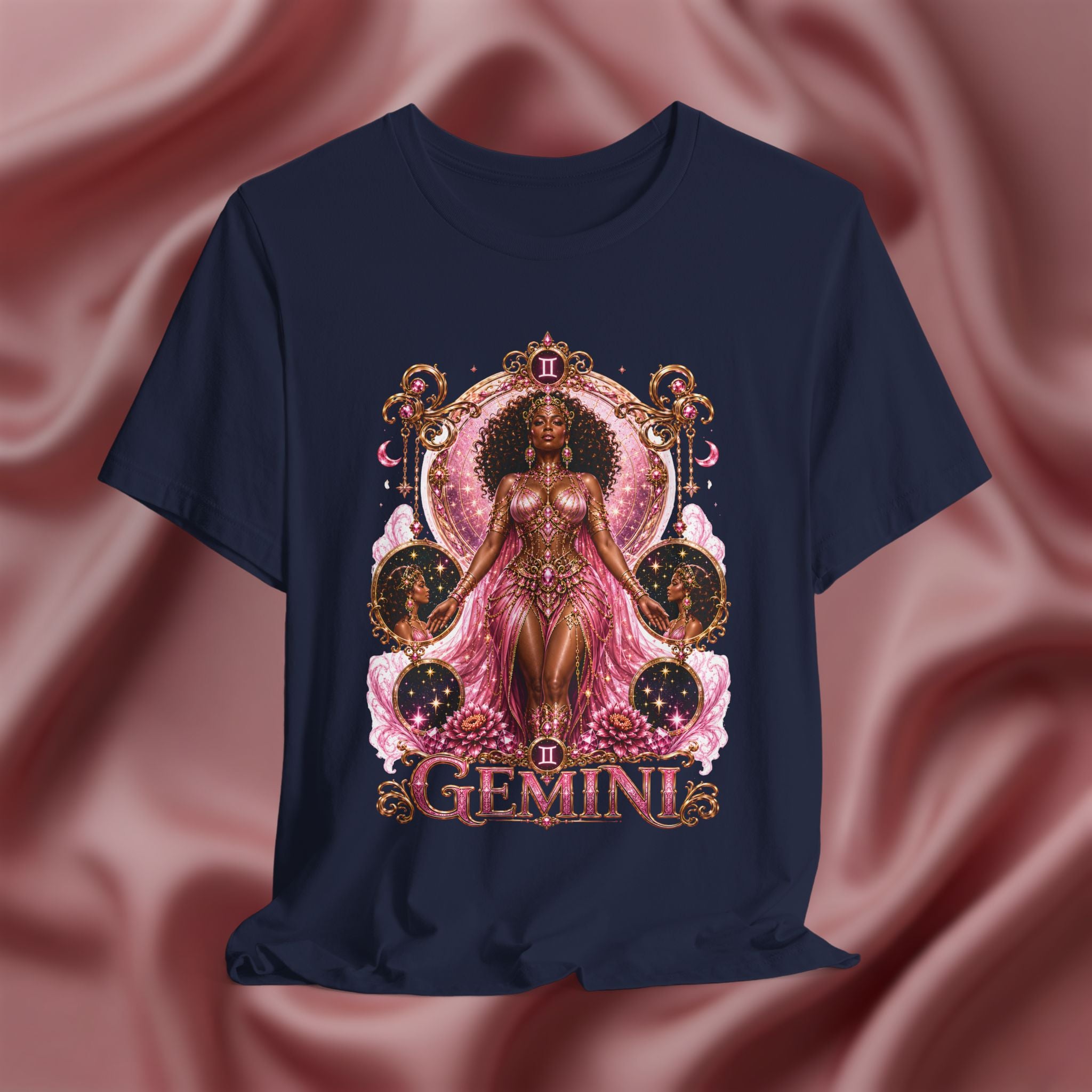 Navy blue t-shirt with 'Gemini' design featuring a woman in a pink dress on a pink fabric background