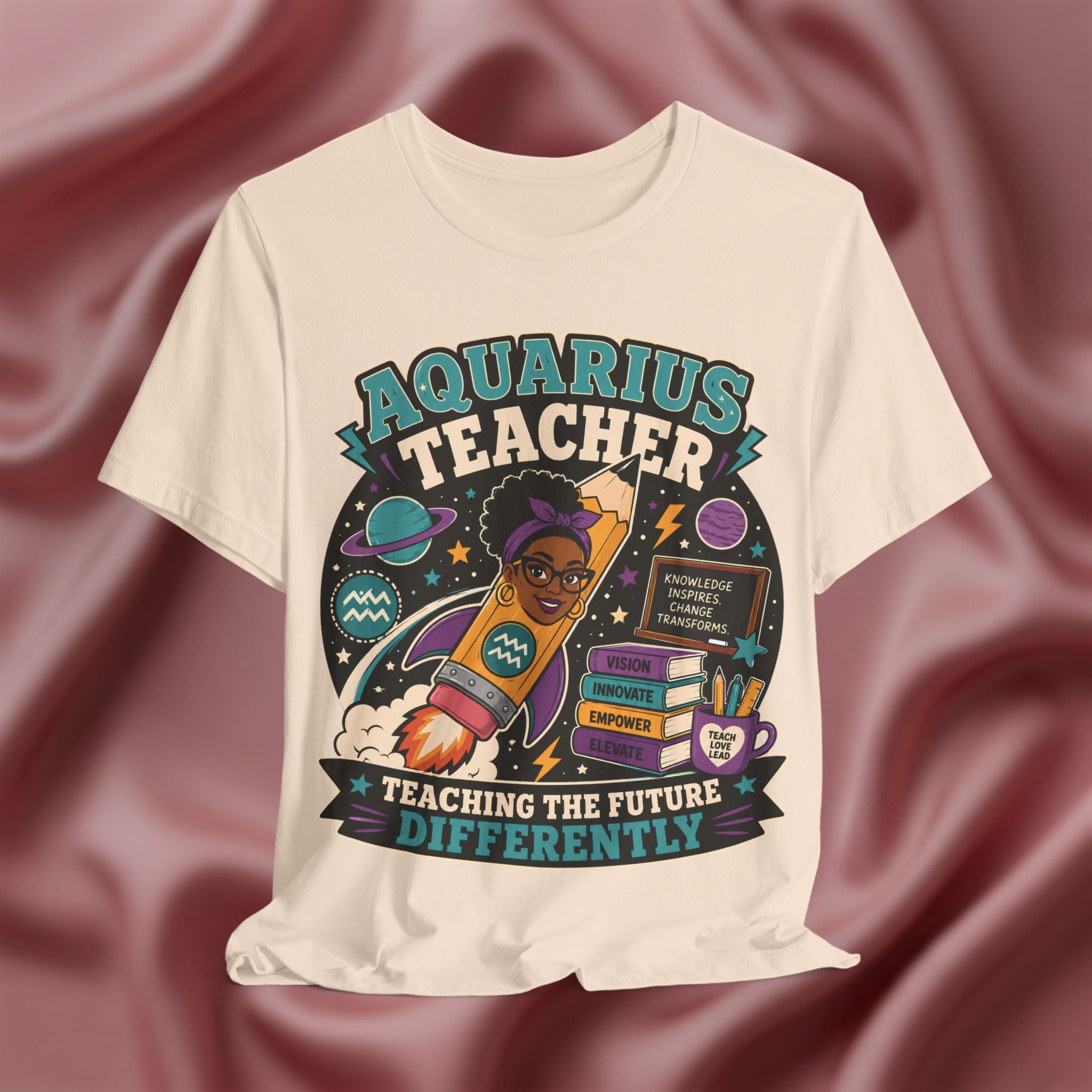 Soft cream  t-shirt with 'Aquarius Teacher Teaching the Future Differently' design