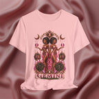 Pink t-shirt with Gemini twins zodiac design on a pink fabric background