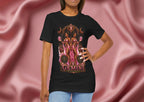 Woman wearing a black t-shirt with Gemini twins zodiac design on a pink fabric background
