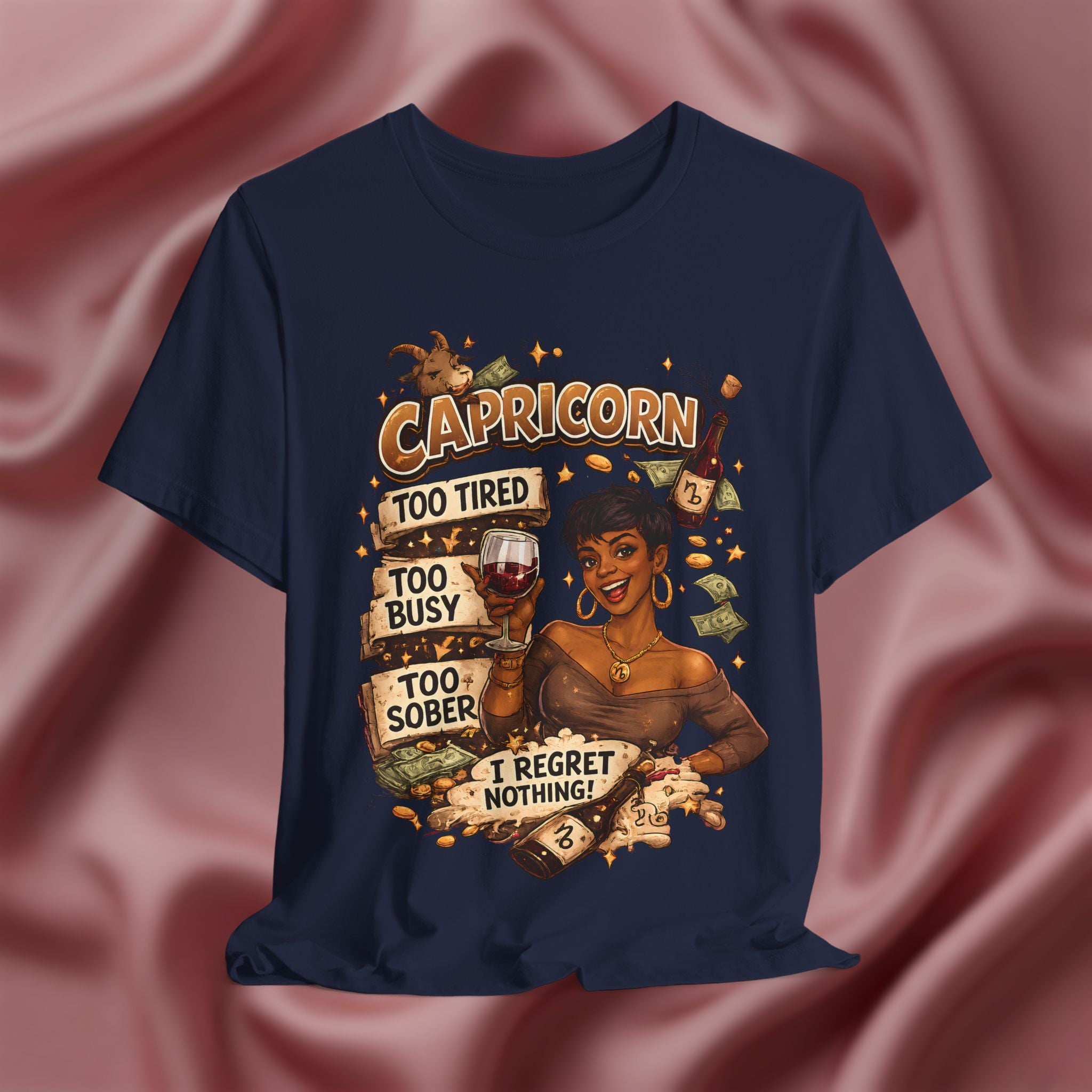 Navy blue t-shirt with Capricorn zodiac design featuring a woman and text on a pink fabric background.