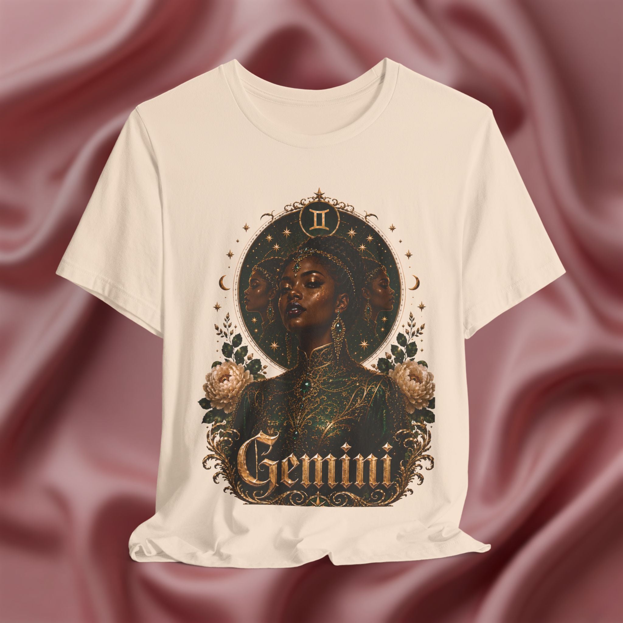 Soft cream T-shirt with 'Gemini' design featuring a black woman's portrait on a textured brown background