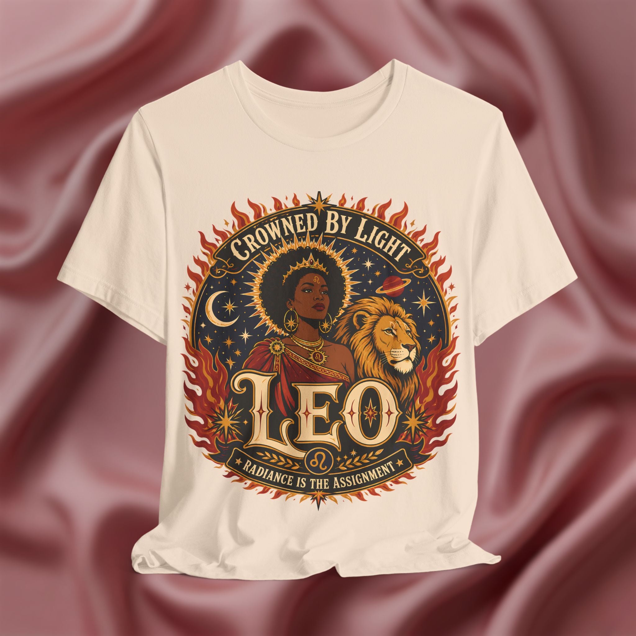 T-shirt with 'Crowned by Light Leo' design