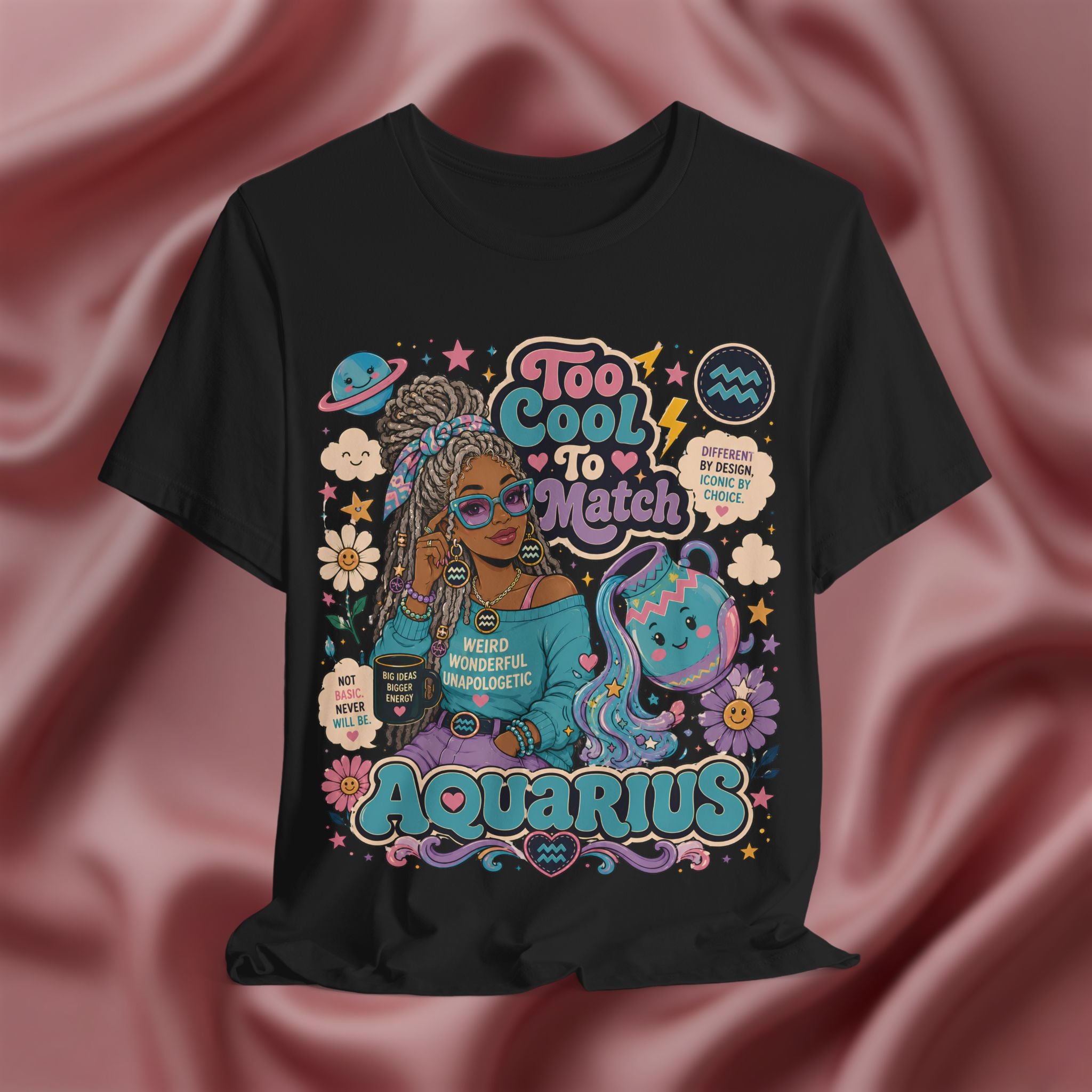Black t-shirt with Aquarius-themed design featuring a person with braided hair