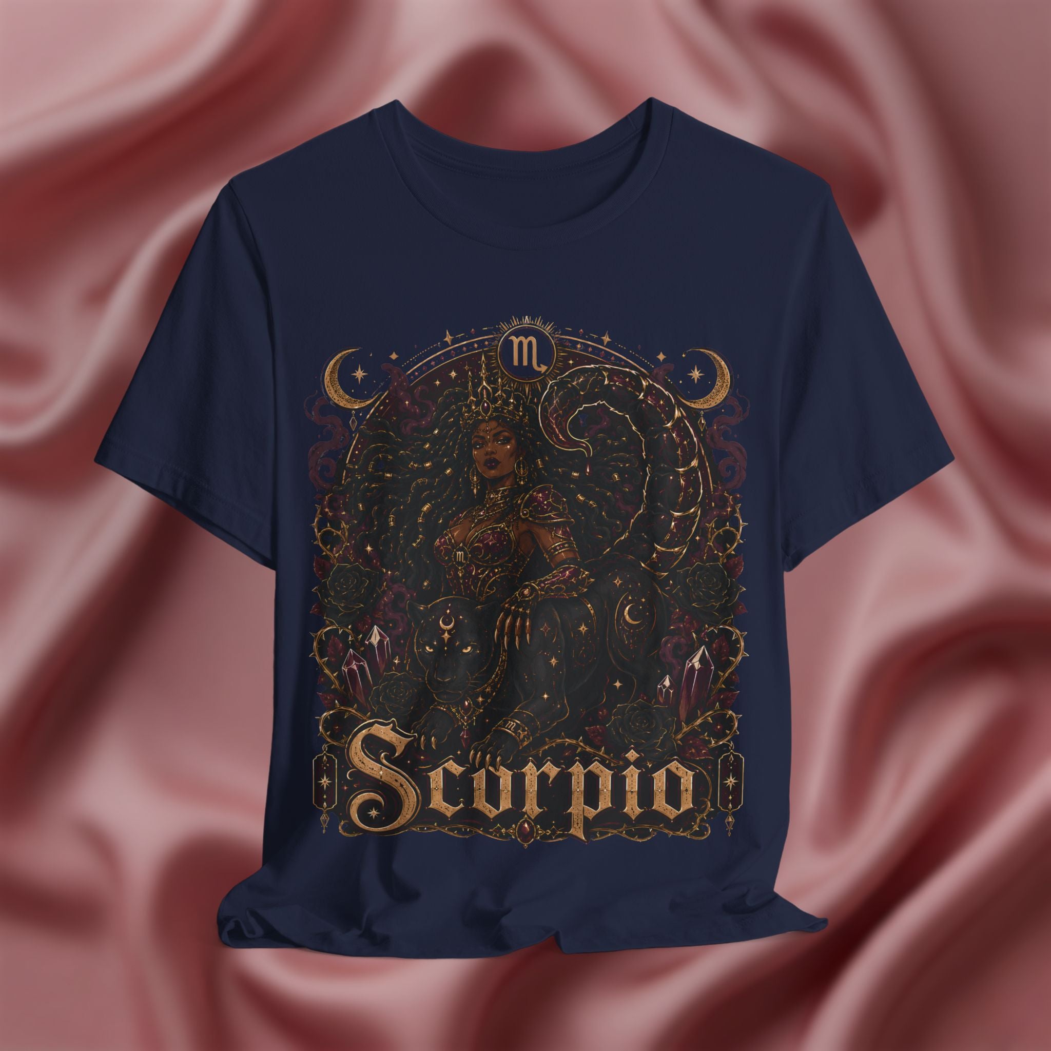 Navy blue t-shirt with Scorpio zodiac design