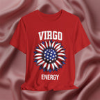 Red t-shirt with American flag sunflower and 'VIRGO ENERGY' text on a textured pink background