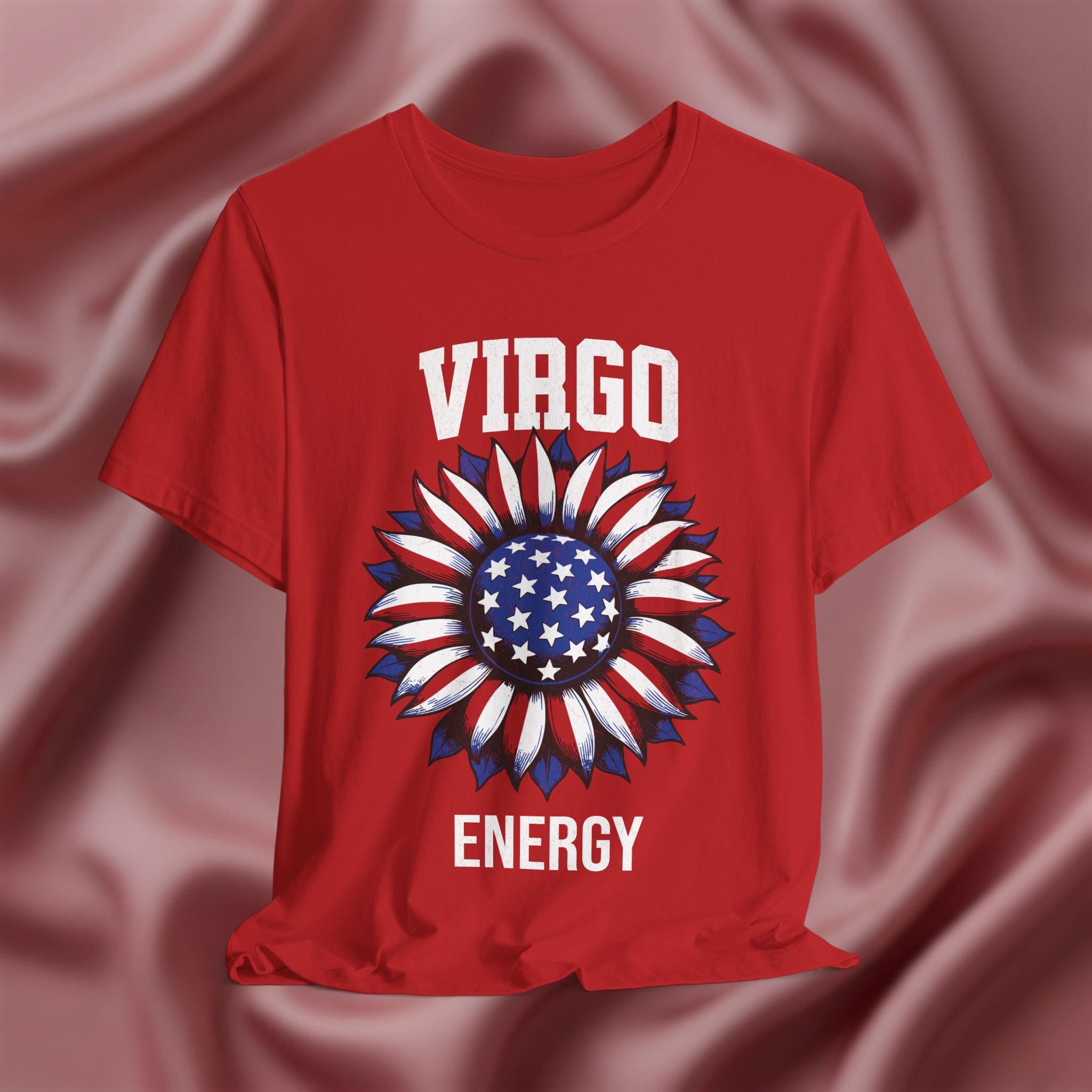 Red t-shirt with American flag sunflower and 'VIRGO ENERGY' text on a textured pink background