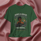 Green t-shirt with Aquarius design featuring a black woman and text 'The original free thinker' on a pink fabric background
