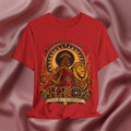red Leo Zodiac shirt with a black woman and lion with the text crowned by light. radiance is the assignment