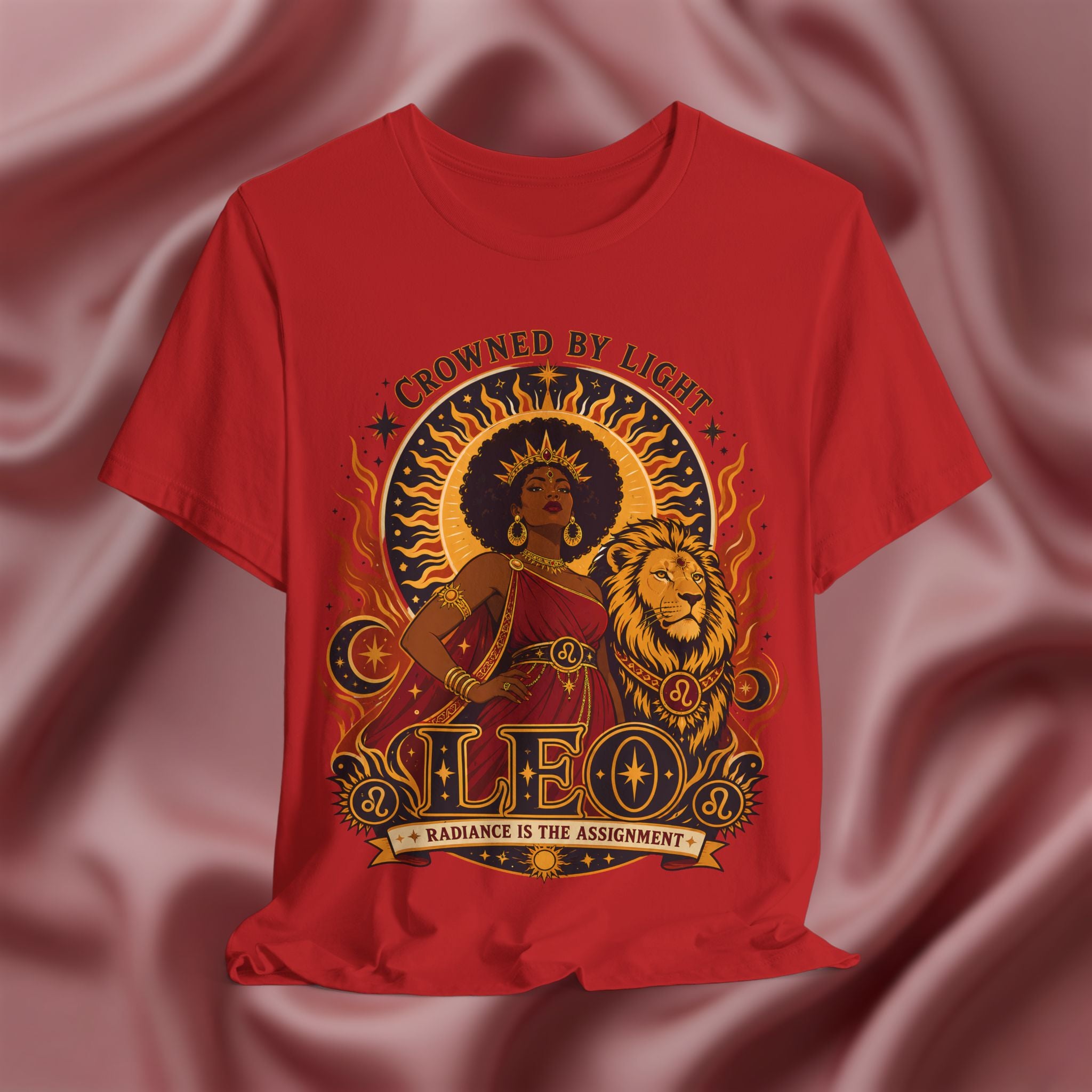 red Leo Zodiac shirt with a black woman and lion with the text crowned by light. radiance is the assignment