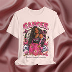 Pink T-shirt with Cancer zodiac design featuring a woman on a pink fabric background