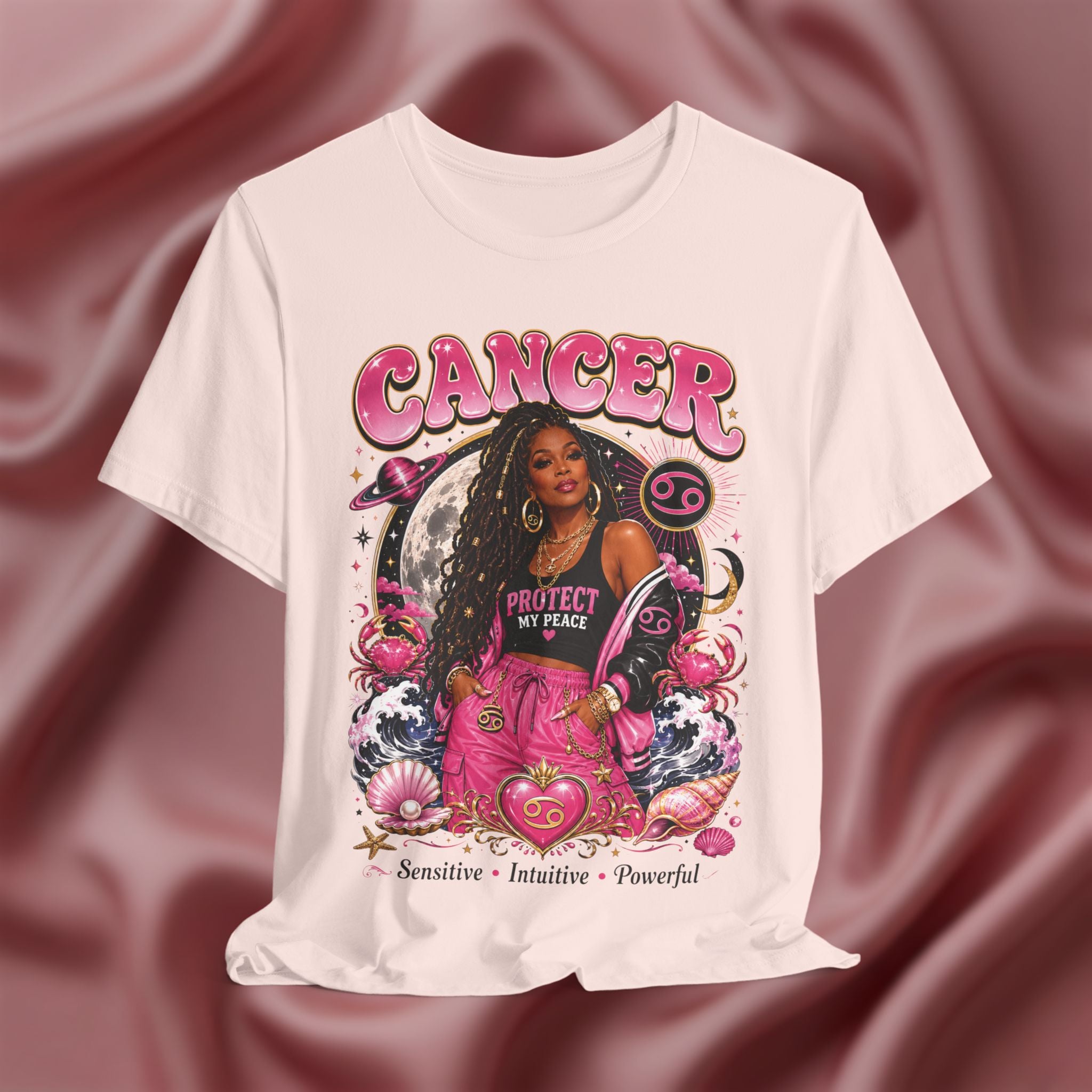 Pink T-shirt with Cancer zodiac design featuring a woman on a pink fabric background