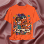 Orange t-shirt with 'Cute, Free, and Gone Sagittarius' design