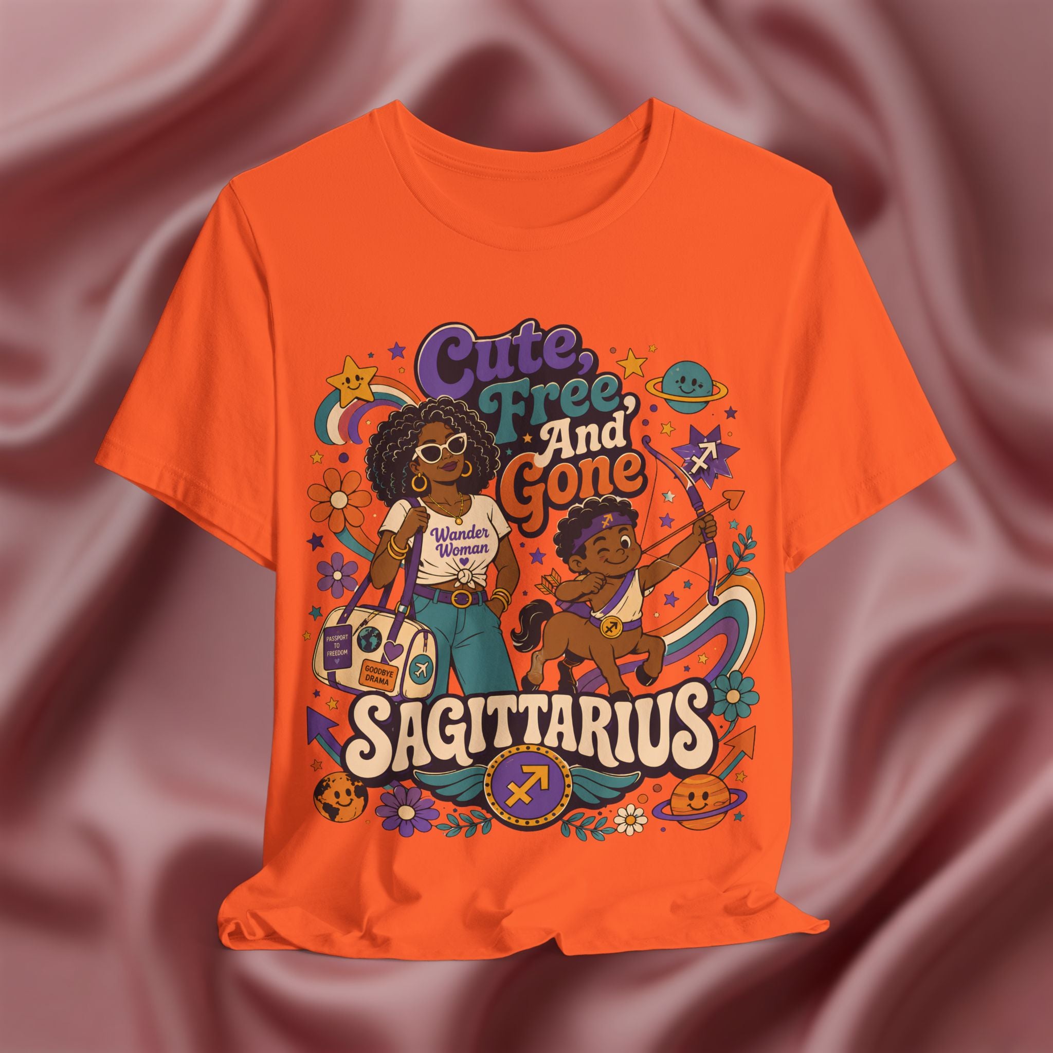 Orange t-shirt with 'Cute, Free, and Gone Sagittarius' design