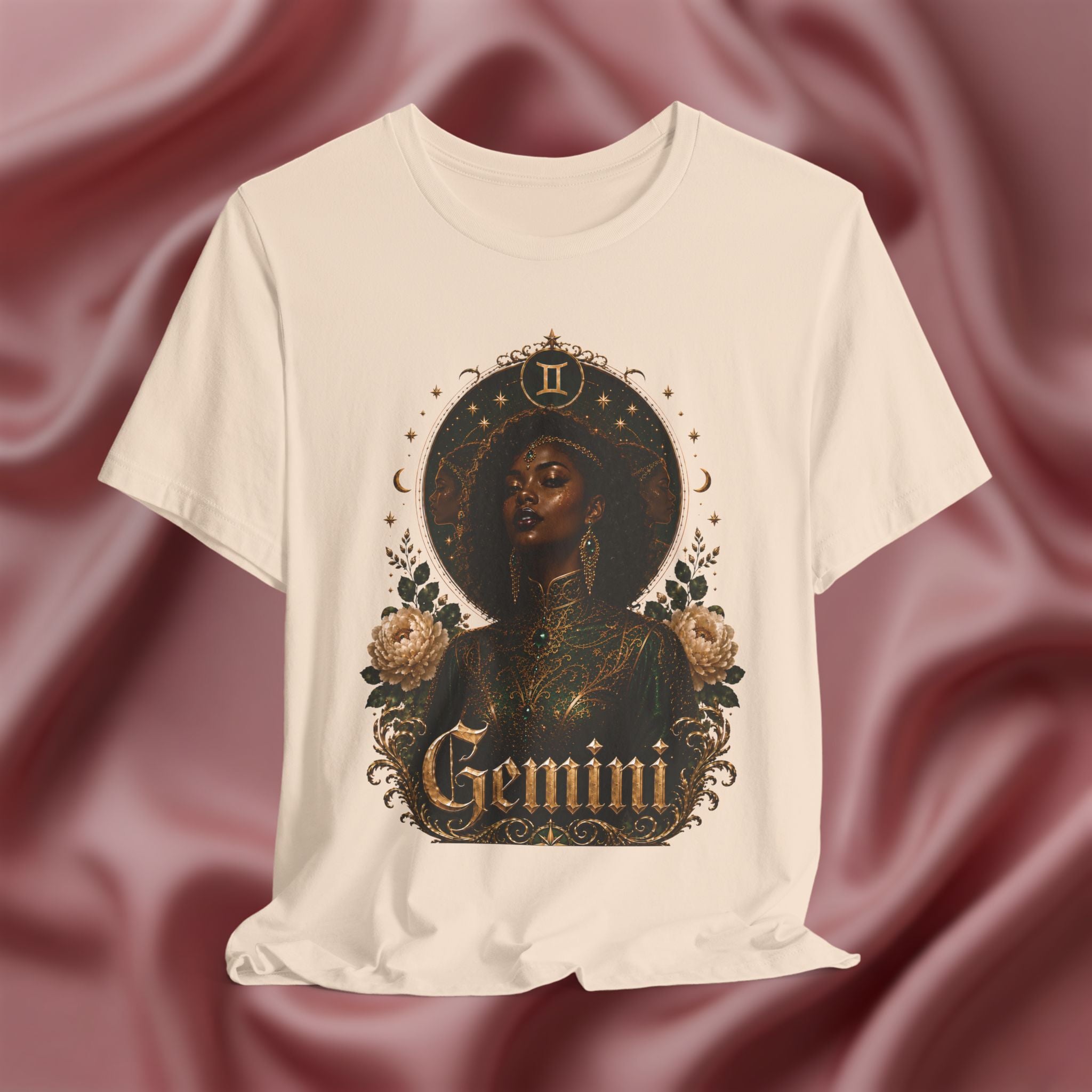 T-shirt with a 'Gemini' design featuring a black woman, roses, and astrological symbols on a textured red background.