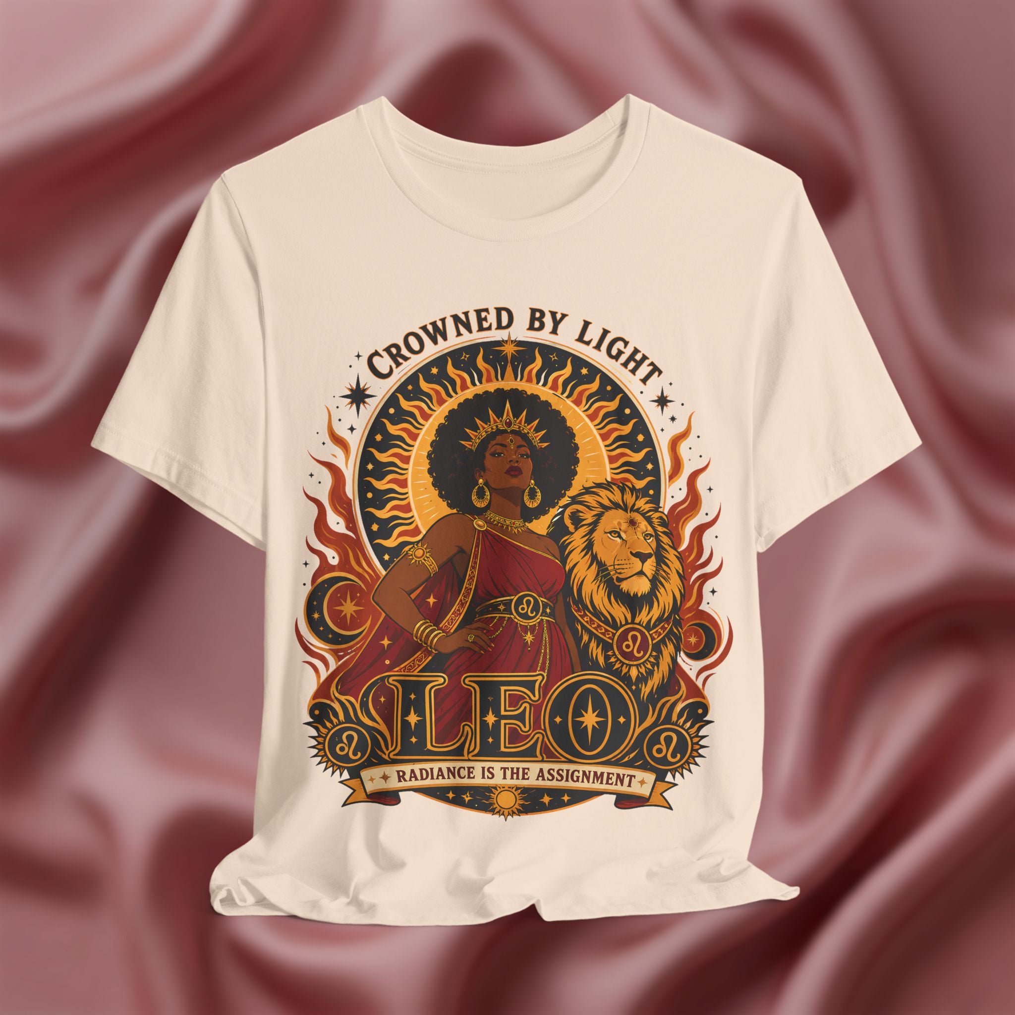 soft cream  Leo Zodiac shirt with a black woman and lion with the text crowned by light. radiance is the assignment