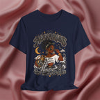 Navy blue t-shirt with 'Aquarius Too Weird To Care' design featuring a black woman wearing a t-shirt with the text 'different is my superpower' on a pink fabric background