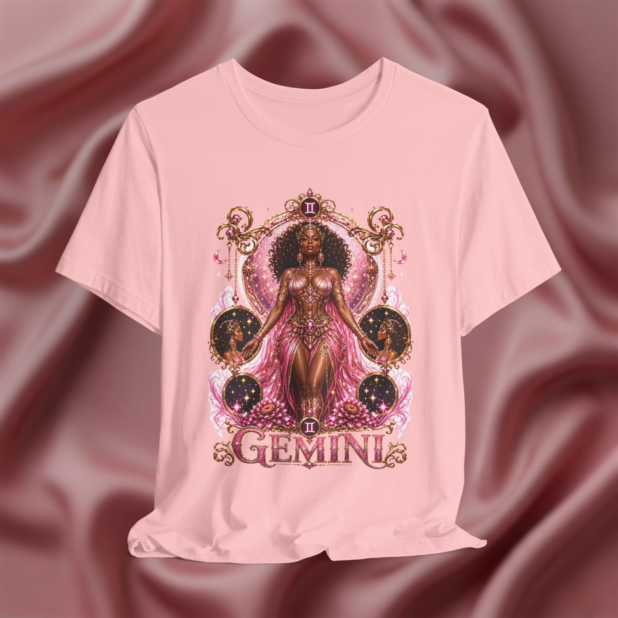 Pink t-shirt  with 'Gemini' design featuring a woman in a pink dress on a pink fabric background