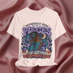 White t-shirt with Pisces zodiac design on a maroon fabric background