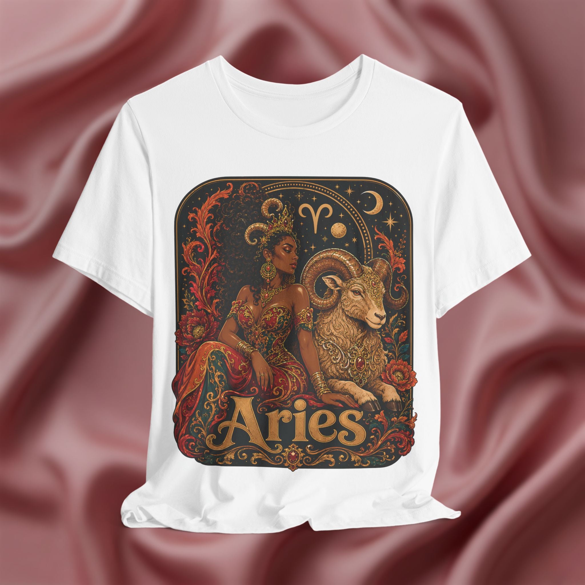 White t-shirt with Aries zodiac design