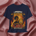 navy blue Leo Zodiac shirt with a black woman and lion with the text I brought the sunshine, you're welcome