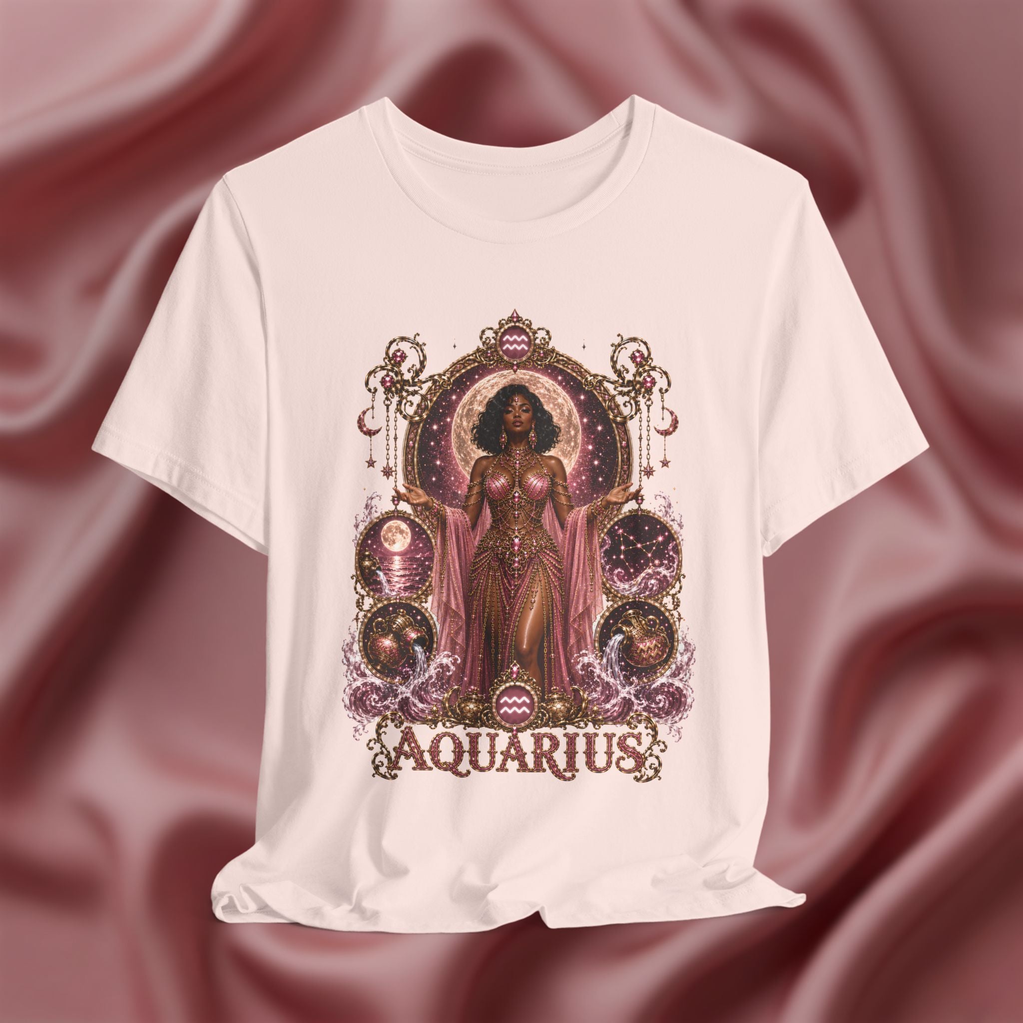 Soft pink t-shirt with 'Aquarius' design featuring a woman in a pink dress on a pink fabric background