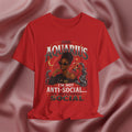 Red t-shirt with Aquarius design featuring a black woman and text 'Aquarius I'm not anti-social I'm selectively social' on a pink fabric background