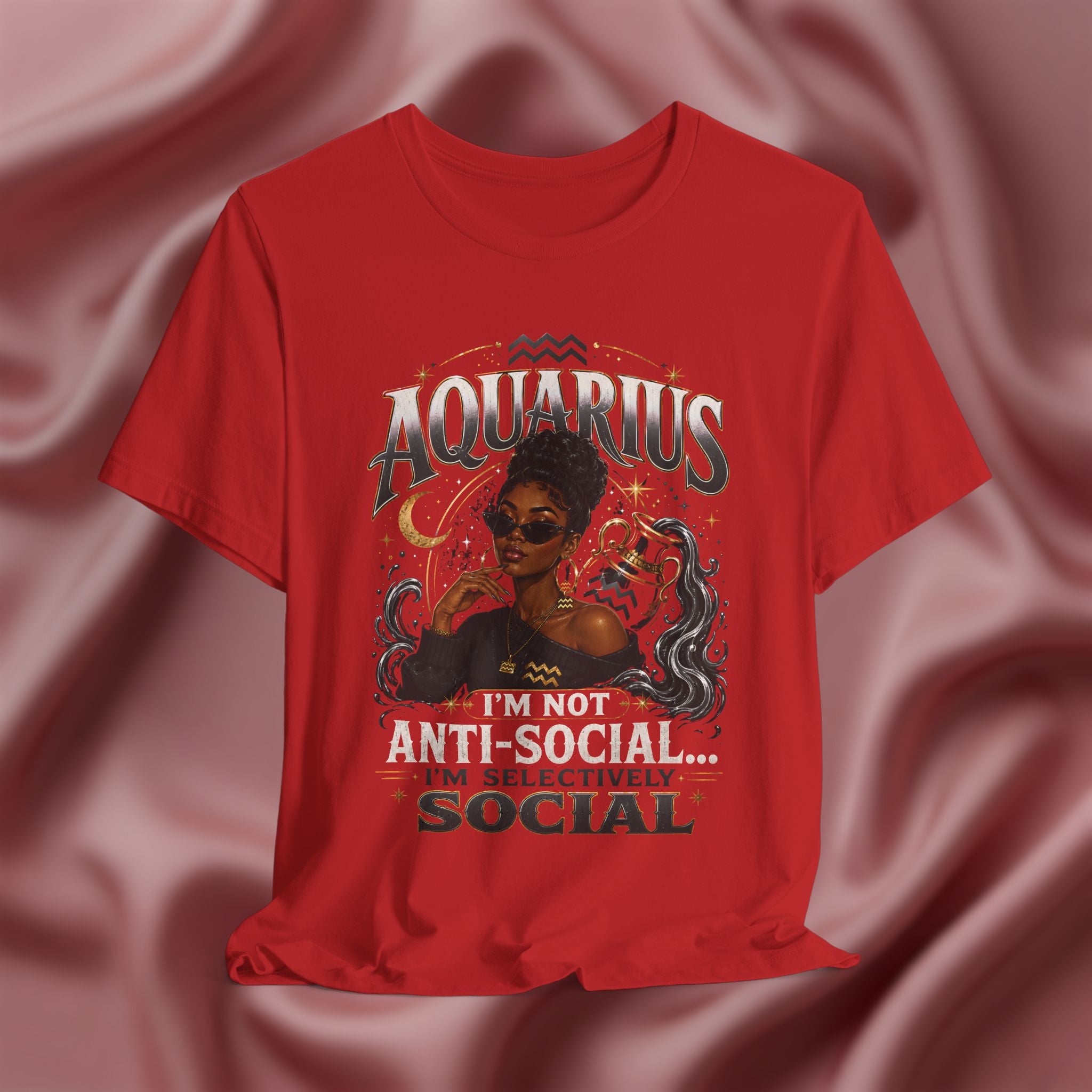 Red t-shirt with Aquarius design featuring a black woman and text 'Aquarius I'm not anti-social I'm selectively social' on a pink fabric background