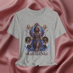 Gray t-shirt with 'Gemini' design featuring a woman in a blue dress on a pink fabric background