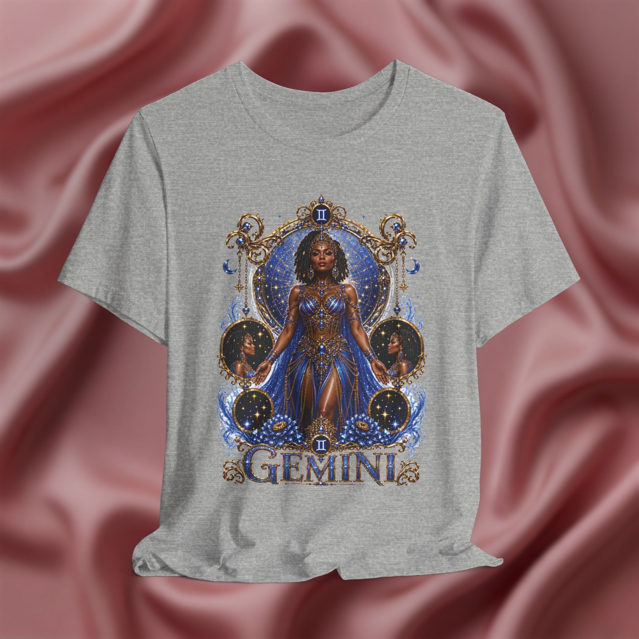 Gray t-shirt with 'Gemini' design featuring a woman in a blue dress on a pink fabric background
