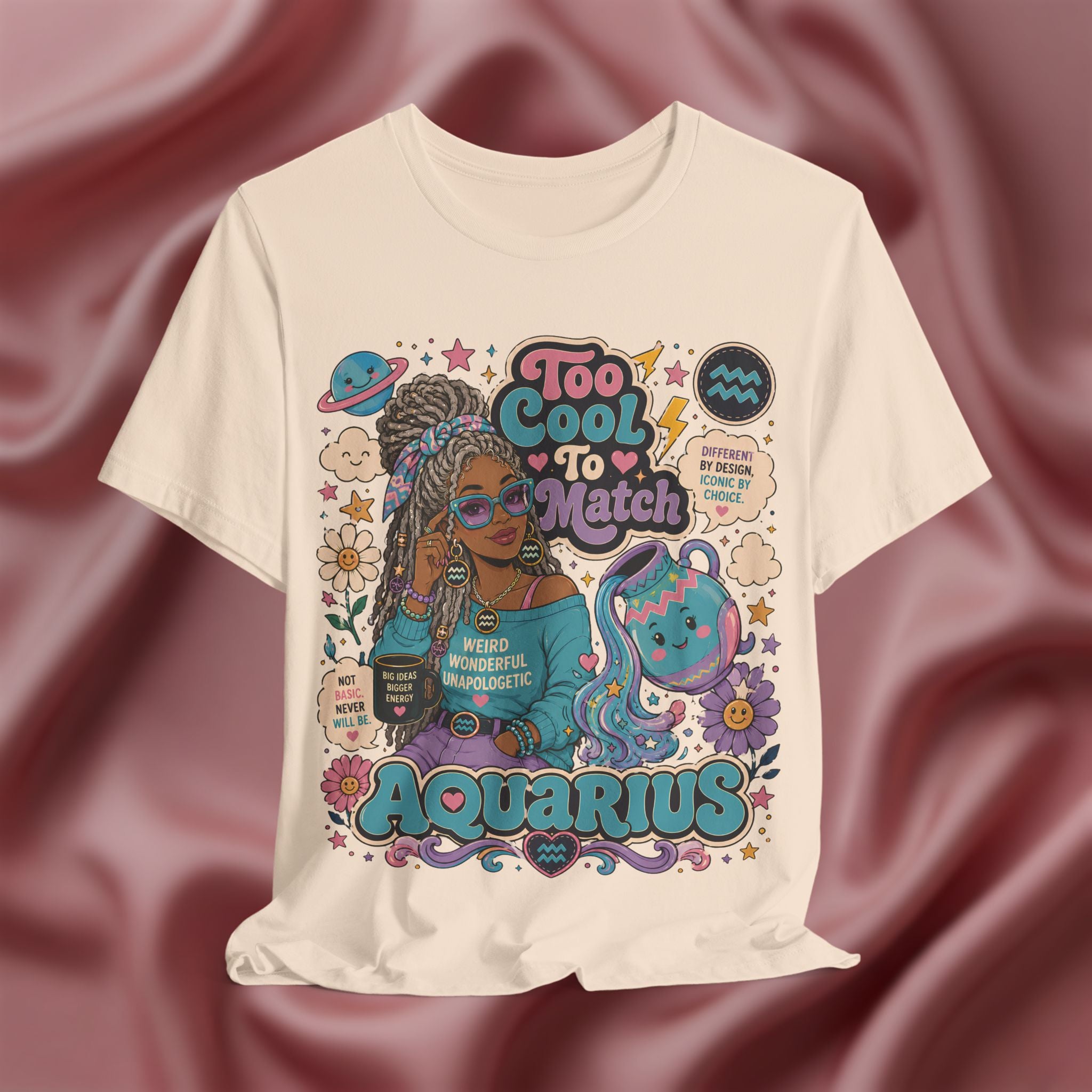 Soft cream T-shirt with Aquarius design featuring a person with braided hair and colorful graphics