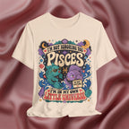 Pink t-shirt with Pisces zodiac design on a maroon fabric background