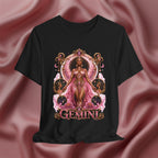 Black t-shirt with 'Gemini' design featuring a woman in a pink dress on a pink fabric background