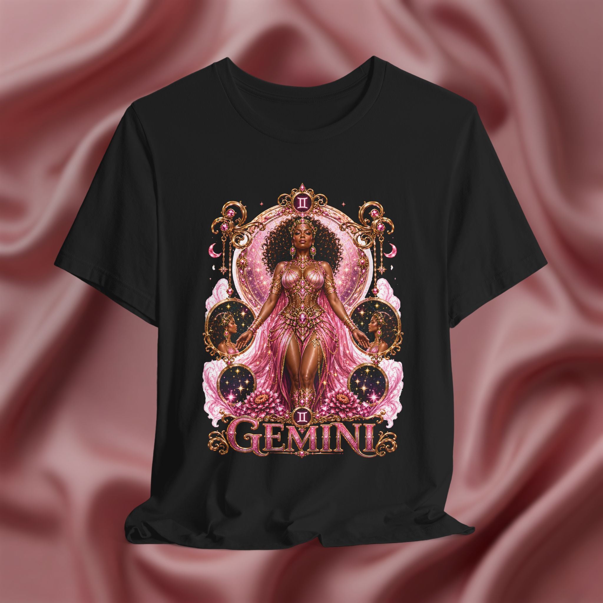 Black t-shirt with 'Gemini' design featuring a woman in a pink dress on a pink fabric background